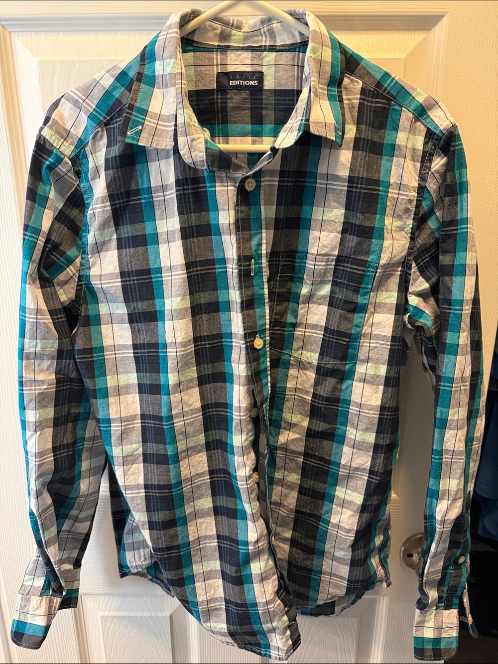 Basic Editions Teal, Black & White Plaid Button-Down Shirt